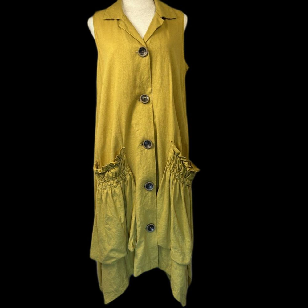 ForCynthia Wm Sz Sm Linen Blend Sleeveless Tunic Button Closure 2 Ruched Pockets